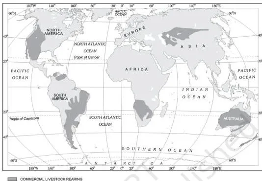 World map showing commercial livestock rearing concentrated in New Zealand, Australia, Argentina, Uruguay and the USA