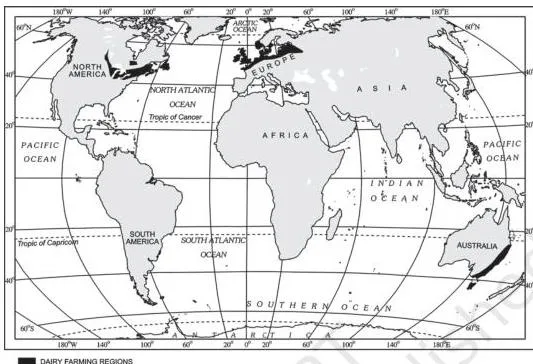 World map of the three commercial dairy belts in northwestern Europe, Canada, and southeastern Australia with New Zealand and Tasmania