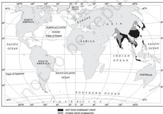 World map of intensive subsistence farming concentrated across the densely populated monsoon lands of Asia