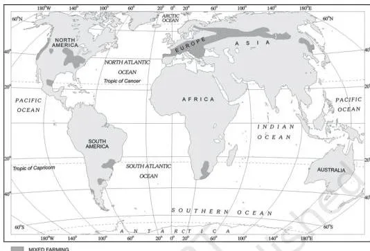 World map of mixed farming regions in northwestern Europe, eastern North America, parts of Eurasia and temperate southern continents