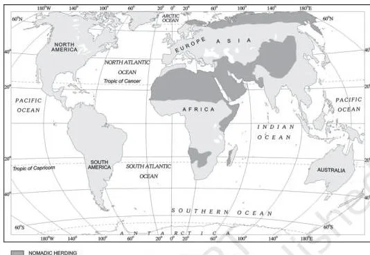 World map marking the nomadic herding belt from Atlantic North Africa across Arabia to Mongolia and Central China