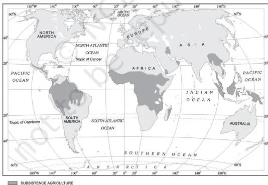 World map shading tropical Africa, South and Central America and Southeast Asia where primitive subsistence agriculture is practised