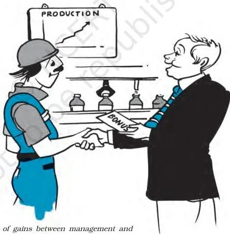 Illustration of management sharing the gains of the company with workers, visualising Taylor's principle of Harmony, Not Discord