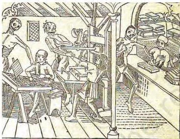 Print Culture and the Modern World Class 10: Chapter 5 PDF A sixteenth-century woodcut of a printer's workshop where skeletal death figures control the printer and his workers, linking print to the end of the world