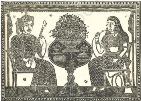 Print Culture and the Modern World Class 10: Chapter 5 PDF A coloured woodcut called Ghor Kali in which a wife perches on her husband's shoulder while he drags his mother with a noose, showing fear of changing family roles