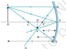 Geometry of reflection at concave and convex spherical mirrors showing the centre of curvature and the small angles used to prove that the focal length equals half the radius of curvature
