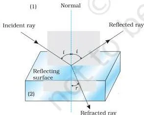Ray diagram showing reflection and refraction of light at the interface between two transparent media, with the incident, reflected and refracted rays and the normal marked
