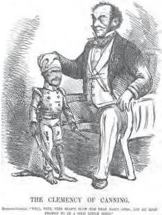 Rebels and the Raj Class 12: Chapter 2 PDF and Key Themes Cartoon of Governor General Canning as a looming father figure, his hand on a sepoy who still holds a sword and a dagger