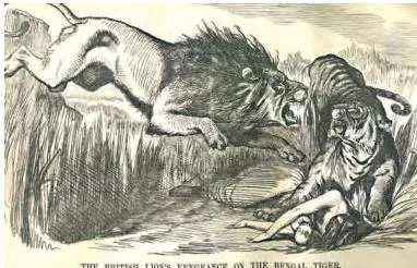 Rebels and the Raj Class 12: Chapter 2 PDF and Key Themes Punch cartoon of a lion attacking a tiger above a British woman and child, drawn to argue for vengeance after the mutiny
