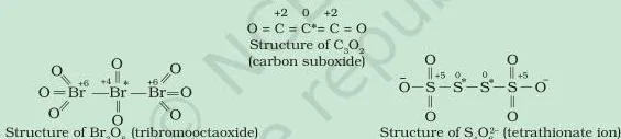 Redox Reactions Class 11 Notes: Types, Balancing, Cells Structures of C3O2, Br3O8 and S4O6(2-) with one asterisk-marked atom in each species showing a different oxidation state