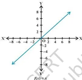 Relations and Functions Class 11 Formulas Straight line graph of the identity function f(x) = x passing through the origin, showing that domain and range are both the real numbers