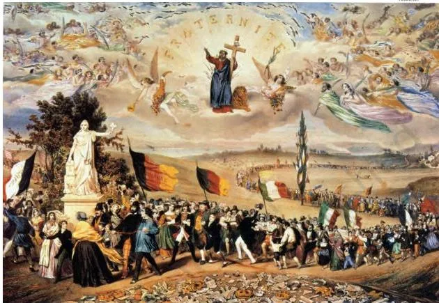 Sorrieu's 1848 print showing peoples of Europe and America marching past the statue of Liberty, visualising the dream of worldwide democratic republics identified by their national flags and costumes