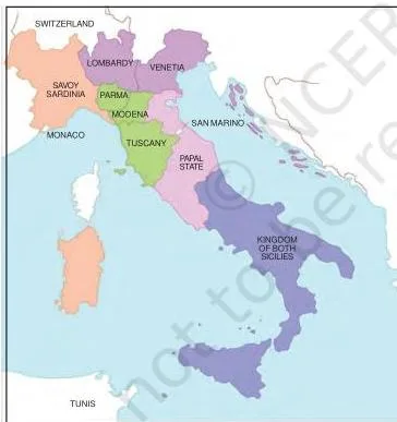 Map of Italy after unification showing the years in which different regions joined the unified Italian state, with Rome joining last in 1870