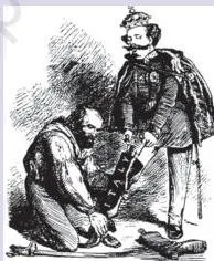 English caricature of 1859 showing Garibaldi holding the base of a boot shaped like Italy while King Victor Emmanuel II enters from the top, a visual metaphor for Garibaldi's role in unification
