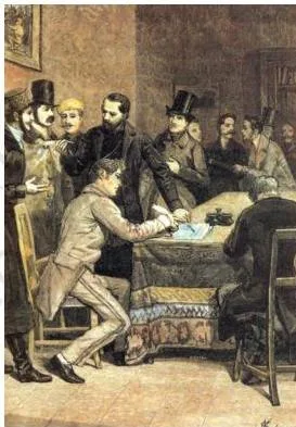 Print showing Giuseppe Mazzini with other revolutionary figures at the founding of Young Europe in Berne, 1833, illustrating the spread of secret revolutionary societies across Europe