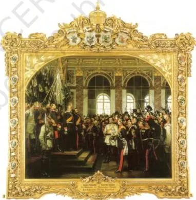 Anton von Werner's painting of the proclamation of the German Empire in the Hall of Mirrors at Versailles on 18 January 1871, showing Kaiser William I, Bismarck, and Prussian military leaders