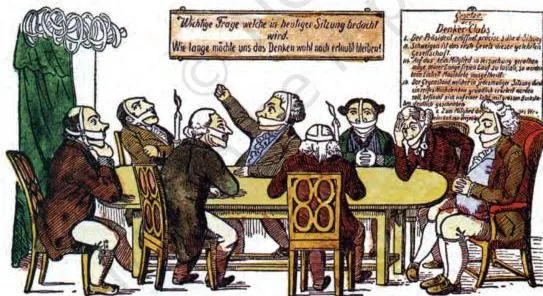 An 1820 caricature titled The Club of Thinkers showing members of a club wearing muzzles to prevent them from speaking, mocking the censorship imposed by conservative regimes