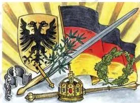 Allegorical painting of Germania showing broken chains, crown of oak leaves, sword, olive branch, breastplate with eagle, tricolour flag, and rays of the rising sun, each symbol representing a different aspect of German national identity