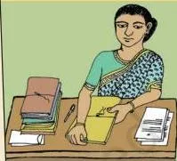 Sectors of the Indian Economy Class 10: Chapter PDF Kanta working at her office desk during fixed office hours, illustrating secure, regular employment in the organised sector
