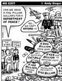Cartoon contrasting a small figure cheered for real human security against massive defence missiles and spending, criticising defence over welfare