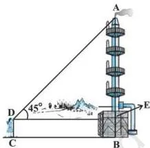 Two right triangles sharing a common base, illustrating a flagstaff on a building with two angles of elevation from the same ground point