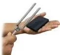 Sound Waves Class 9 Science Notes: Production, Speed & Echo A U-shaped tuning fork held beside a rubber pad, the standard instrument whose vibrating prongs produce a single-frequency sound