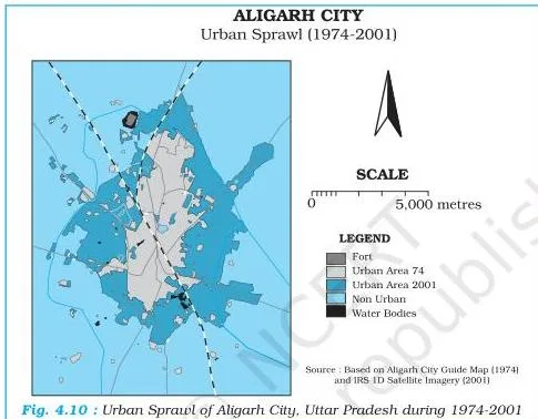 Spatial Information Technology Class 12 NCERT Chapter 4 PDF A map of Aligarh City showing the urban sprawl that developed between 1974 and 2001, derived from overlaying the two land-use maps