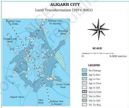 Spatial Information Technology Class 12 NCERT Chapter 4 PDF A map of Aligarh City highlighting the areas of urban land transformation between 1974 and 2001