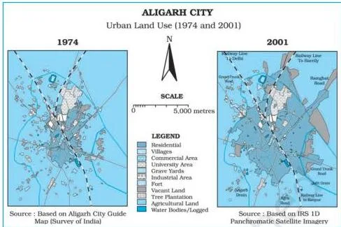 Spatial Information Technology Class 12 NCERT Chapter 4 PDF Two urban land-use maps of Aligarh City, one for 1974 and one for 2001, showing the growth of built-up area over the period