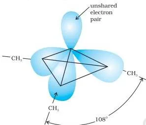 Amines Class 12 Notes: From Structure to Diazonium Salts Pyramidal structure of trimethylamine with nitrogen at the apex and three methyl groups, showing a 108 degree bond angle compressed below 109.5 degrees by the lone pair