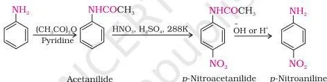 Reaction scheme in which aniline is acetylated, nitrated and then hydrolysed, giving the para-nitro derivative as the major product