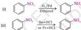 Nitro compounds are reduced to amines by passing hydrogen gas in the presence of finely divided nickel, palladium or platinum and also by reduction with metals in acidic medium.
