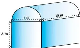 Surface Areas and Volumes 12 Class 10 An industrial shed whose walls are a cuboid and whose roof is a half cylinder laid along the length of the shed