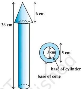 Surface Areas and Volumes 12 Class 10 A toy rocket standing upright, made of a cone mounted on a cylinder, with the cone base wider than the cylinder top