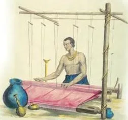 A handloom weaver at work in Gujarat, the Indian craftsperson whose decline the chapter traces through colonial rule