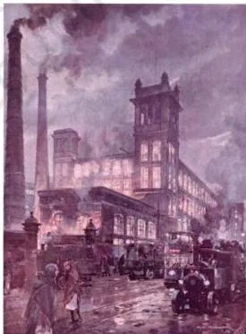 A huge Lancashire cotton mill aglow with electricity in the twilight, painted as an impressive landmark of industry