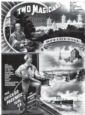 Two magicians from a 1901 trade magazine: Aladdin of the Orient with his magic lamp above, the modern mechanic with his tools below