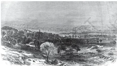 Industrial Manchester's factory chimneys billowing smoke, the industrialisation landscape of Britain in the 1850s