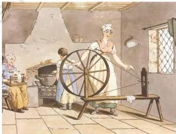 Members of an eighteenth-century family spinning yarn at home, one wheel moving only one spindle, in the pre-factory phase of industrialisation