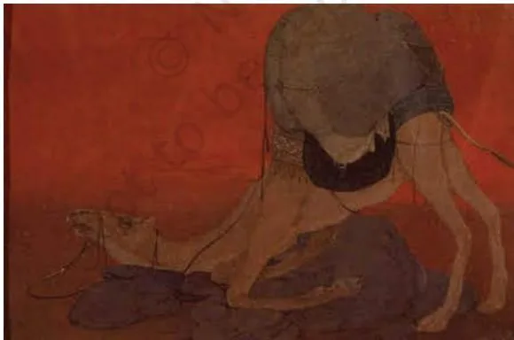 The Bengal School and Cultural Nationalism Class 12: NCERT Chapter A collapsed camel lying in a red dusk landscape, its body drawn in fine delicate wash lines that suggest the end of a journey