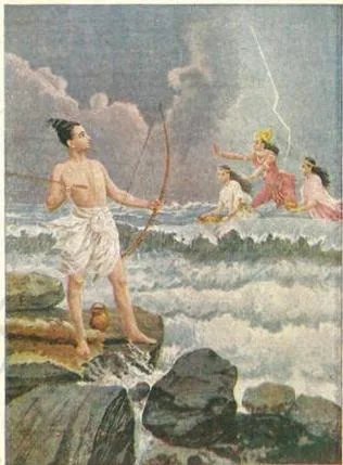 The Bengal School and Cultural Nationalism Class 12: NCERT Chapter Rama standing with his bow drawn toward the ocean as Varuna appears from the waters, a dramatic oil painting of a Puranic scene by Raja Ravi Varma