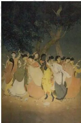 The Bengal School and Cultural Nationalism Class 12: NCERT Chapter Krishna dancing with Radha and sakhis in a simple village grove, drawn with slender figures and delicate flowing lines in the wash technique