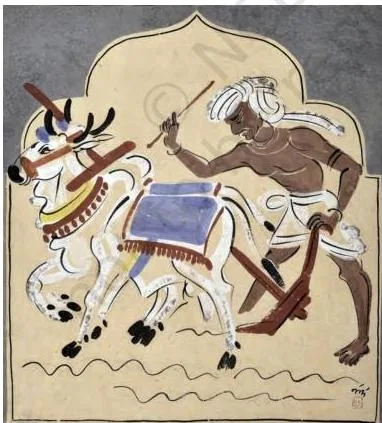 The Bengal School and Cultural Nationalism Class 12: NCERT Chapter A farmer guiding bullocks across a ploughed field in Nandalal Bose's Haripura panel, painted in thick tempera with bold folk-style brushwork under an arch