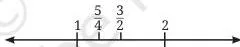 Number line showing the rational 5/4 placed between 1 and 3/2 by taking their average, illustrating the density of rational numbers