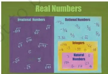 Diagram of the real number line formed by rational and irrational numbers together, showing how the number system grows to real numbers