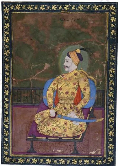 Sultan Abdullah Qutb Shah of Bijapur enthroned and holding a sword in one hand with a halo around his head, a Persian inscription above him