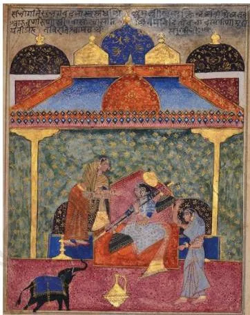 Ragini Pathamsika of Raga Hindola, three bejewelled women in a pavilion with a central musician playing the veena, red and green palette with dark outlines and a small elephant