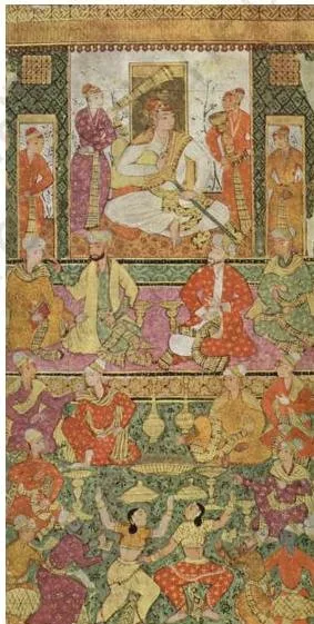 A royal Golconda court gathering with dancing girls entertaining the enthroned Muhammad Quli Qutb Shah, lavishly enriched with gold against a deep azure sky