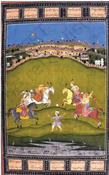 Chand Bibi, the Queen of Bijapur, riding a horse and playing the equestrian polo game chaugan, a provincial painting of a later period