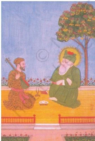 Hazrat Nizamuddin Auliya listening to music played by his disciple Amir Khusrau, a naive and charming provincial painting from Hyderabad